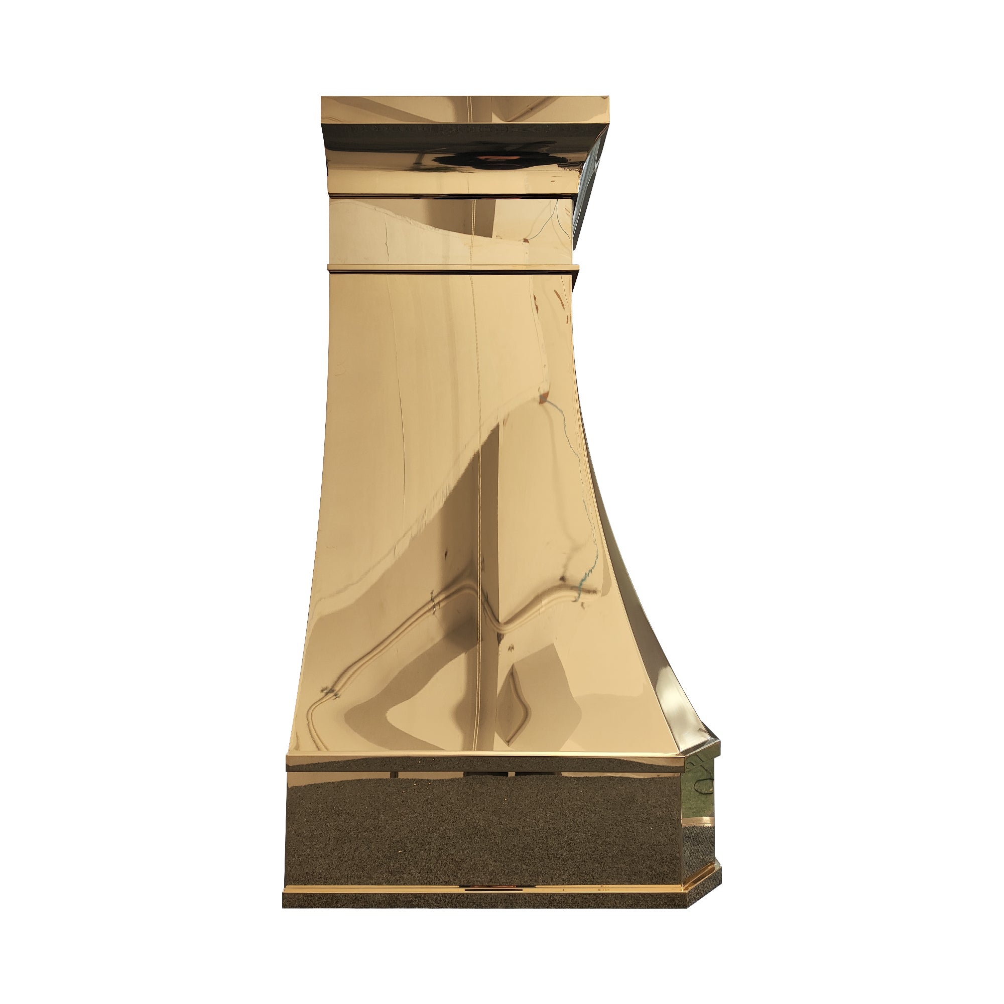 refine curve brass kitchen hood with mirror-like finish side view