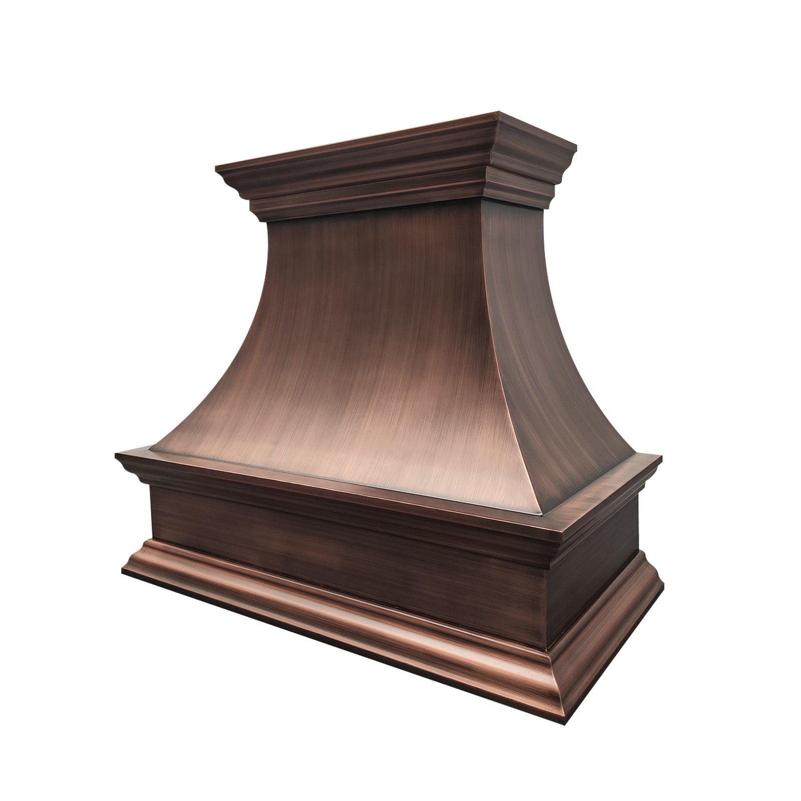 refined curved antique copper wall chimney stove hood with multi-layer crown molding for rustic farmhouse kitchen renovation 