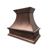 refined curved antique copper wall chimney stove hood with multi-layer crown molding for rustic farmhouse kitchen renovation 