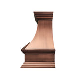 refined curved antique copper wall chimney kitchen hood with multi-layer crown molding for rustic farmhouse kitchen renovation side view