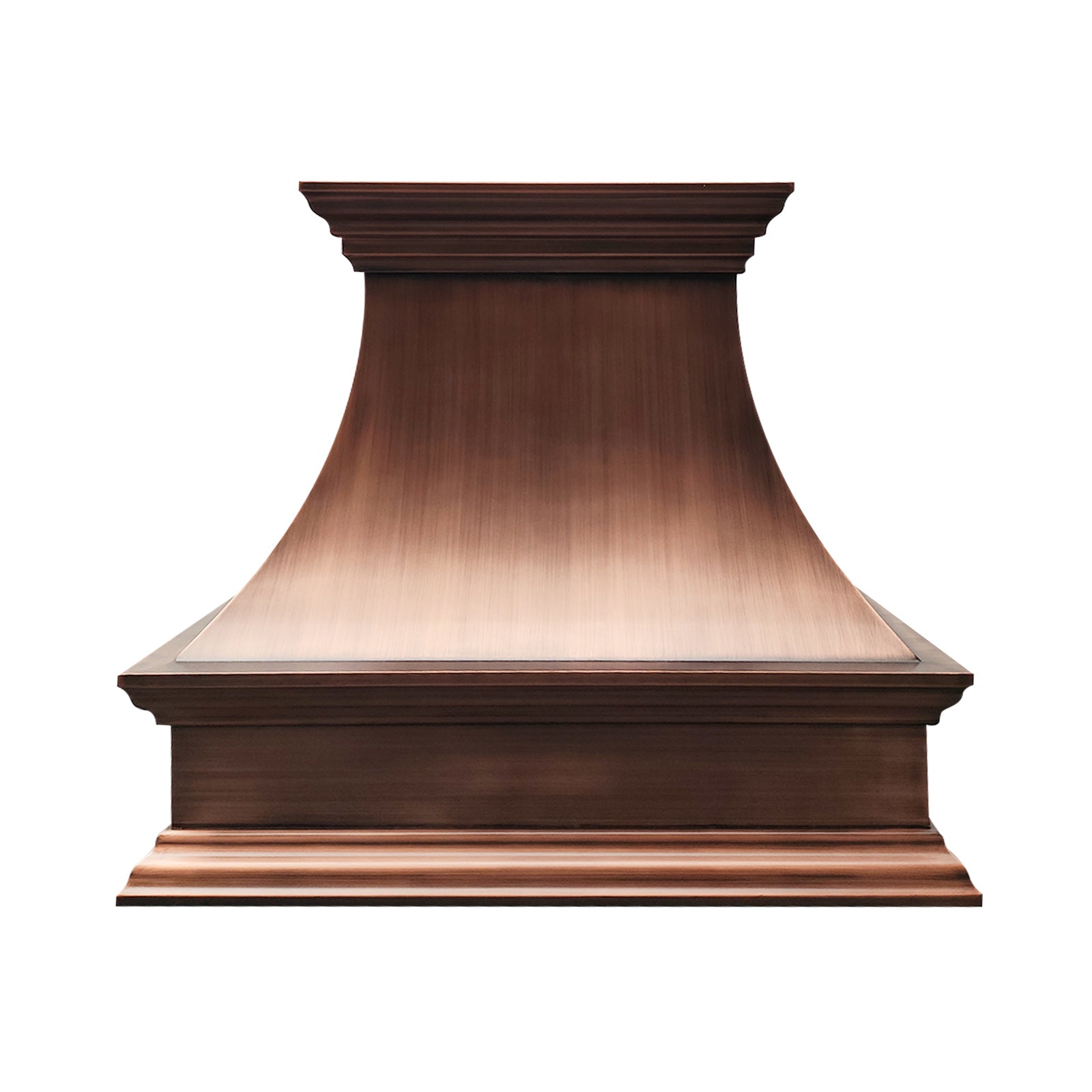 refined curved antique copper wall chimney range hood with multi-layer crown molding for rustic farmhouse kitchen renovation 