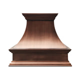 refined curved antique copper wall chimney range hood with multi-layer crown molding for rustic farmhouse kitchen renovation 