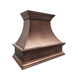 refined curved antique copper wall chimney hood with multi-layer crown molding for rustic farmhouse kitchen renovation 