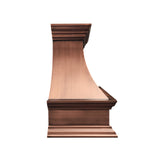 refined curved antique copper wall chimney range hood with multi-layer crown molding for rustic farmhouse kitchen renovation side view