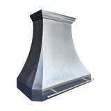 classic curved brushed zinc custom kitchen hood with top crown molding and front grab bar for transitional farmhouse kitchen