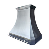 classic curved brushed zinc custom vent hood with top crown molding and front grab bar for transitional farmhouse kitchen