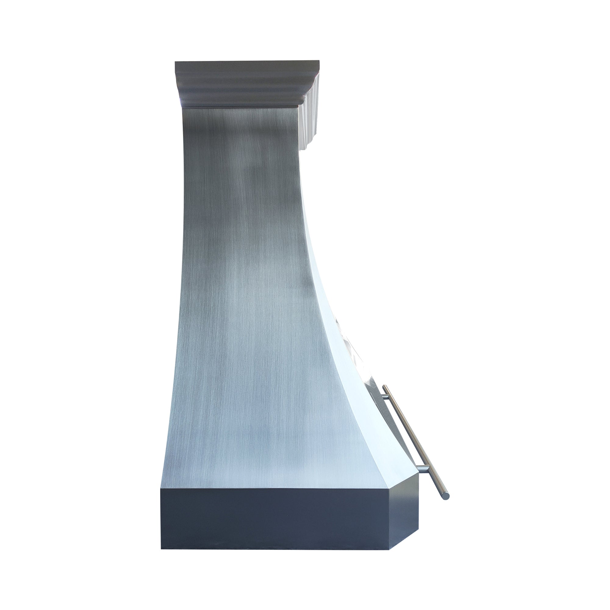 minimalist curved zinc range hood with crown molding and handle