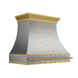 decorative wall-mounted stainless steel hood with brass accents 