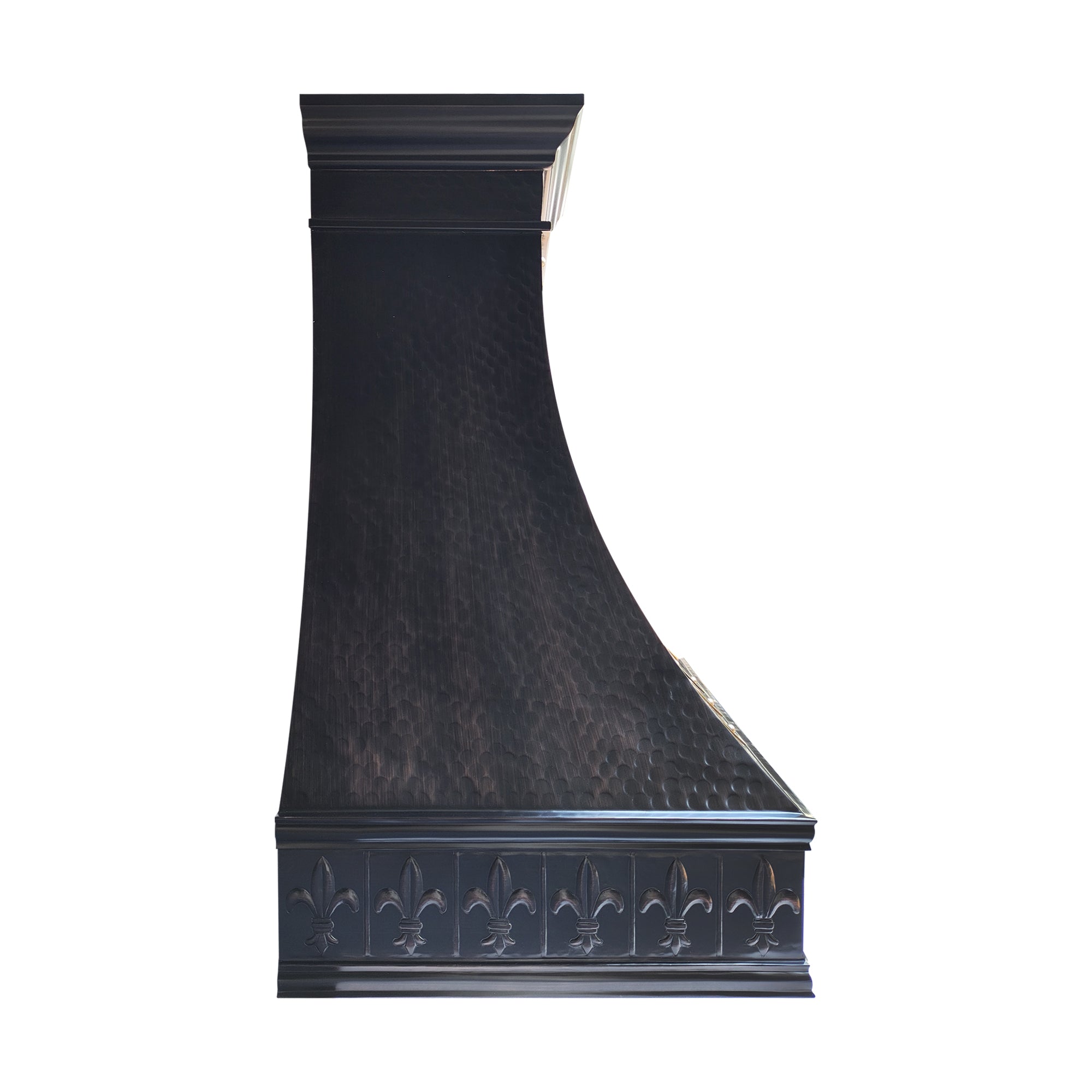 refine curved dark copper vent hood with heavy hammered texture and stylish crown side view