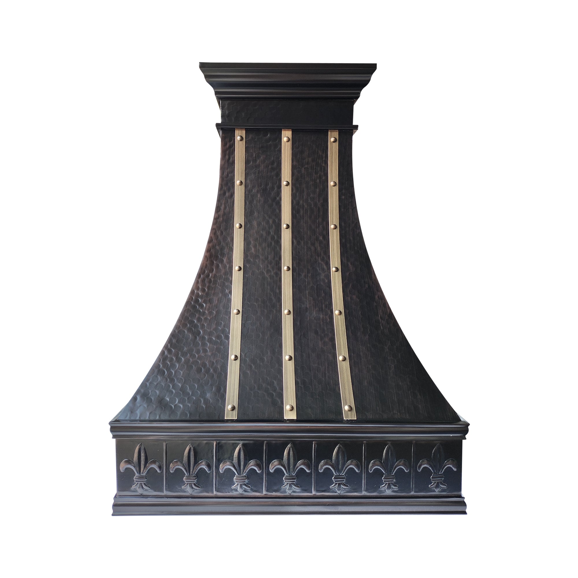 heavy hammered dark curved copper range hood with fleur apron front view