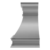 Sleek curved bell shaped brushed stainless steel wall chimney vent hood with multi-tiered crown molding for modern transitional kitchen design
