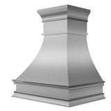 Sleek curved bell shaped brushed stainless steel wall chimney kitchen hood with multi-tiered crown molding for modern transitional kitchen design