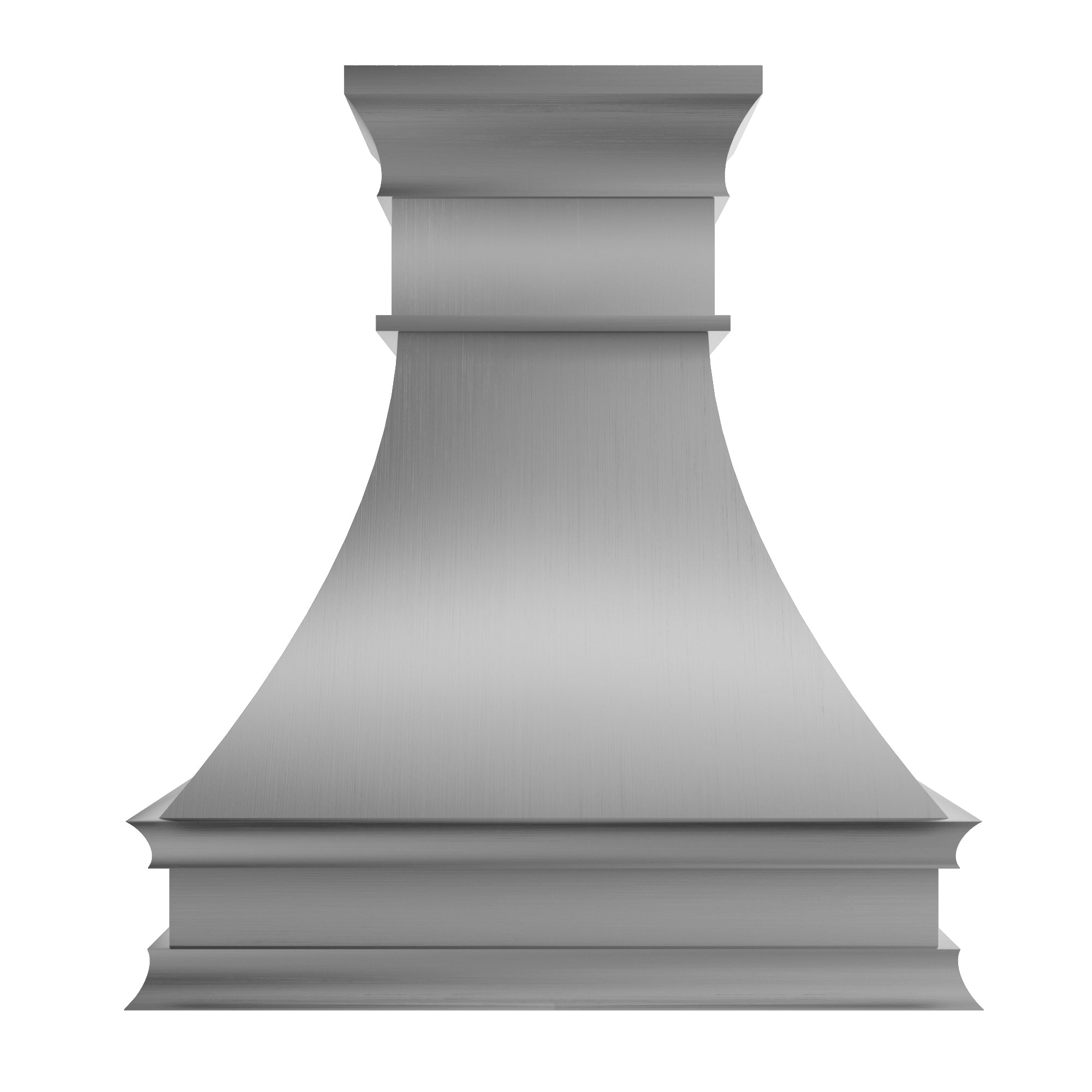 sleek curved brushed stainless steel wall chimney range hood with multi-tiered crown molding for modern transitional kitchen design
