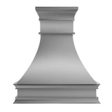 sleek curved brushed stainless steel wall chimney range hood with multi-tiered crown molding for modern transitional kitchen design