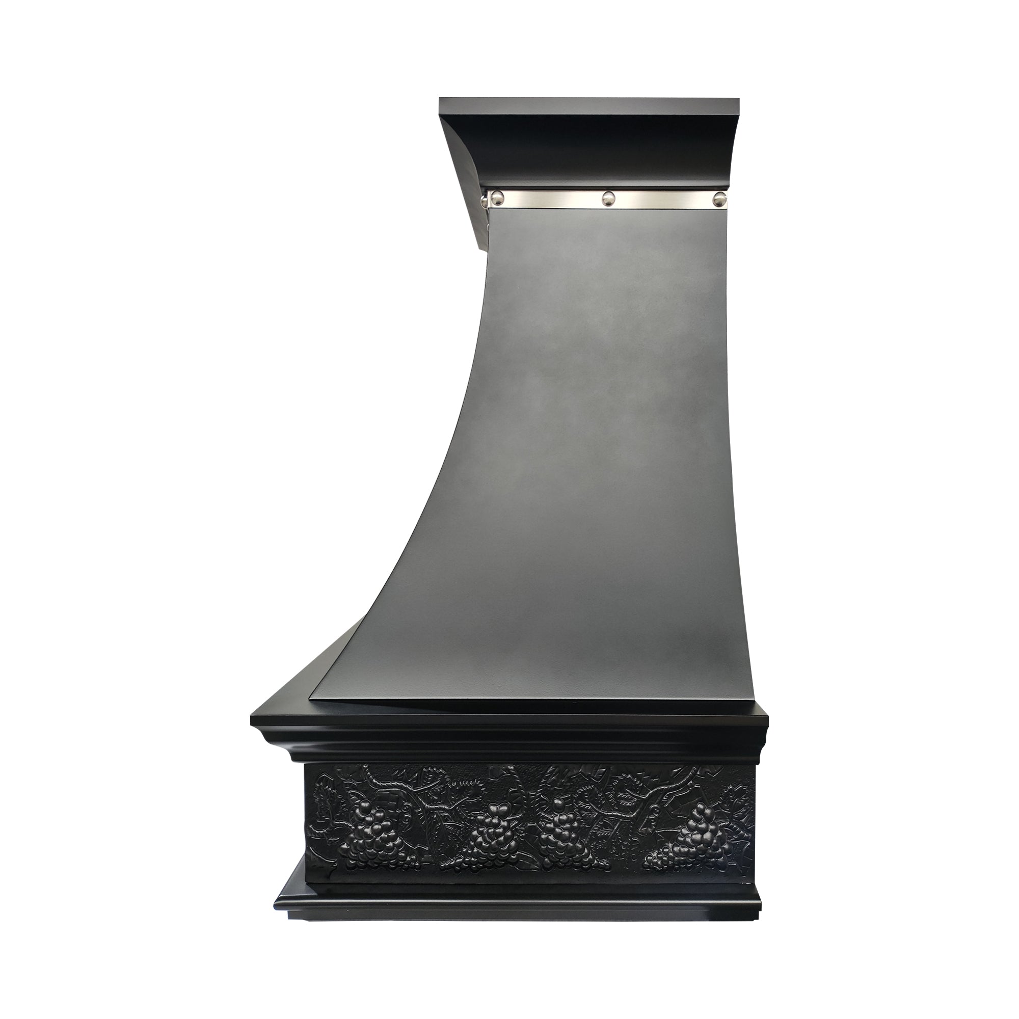 refine curved black stainless steel kitchen hood side view