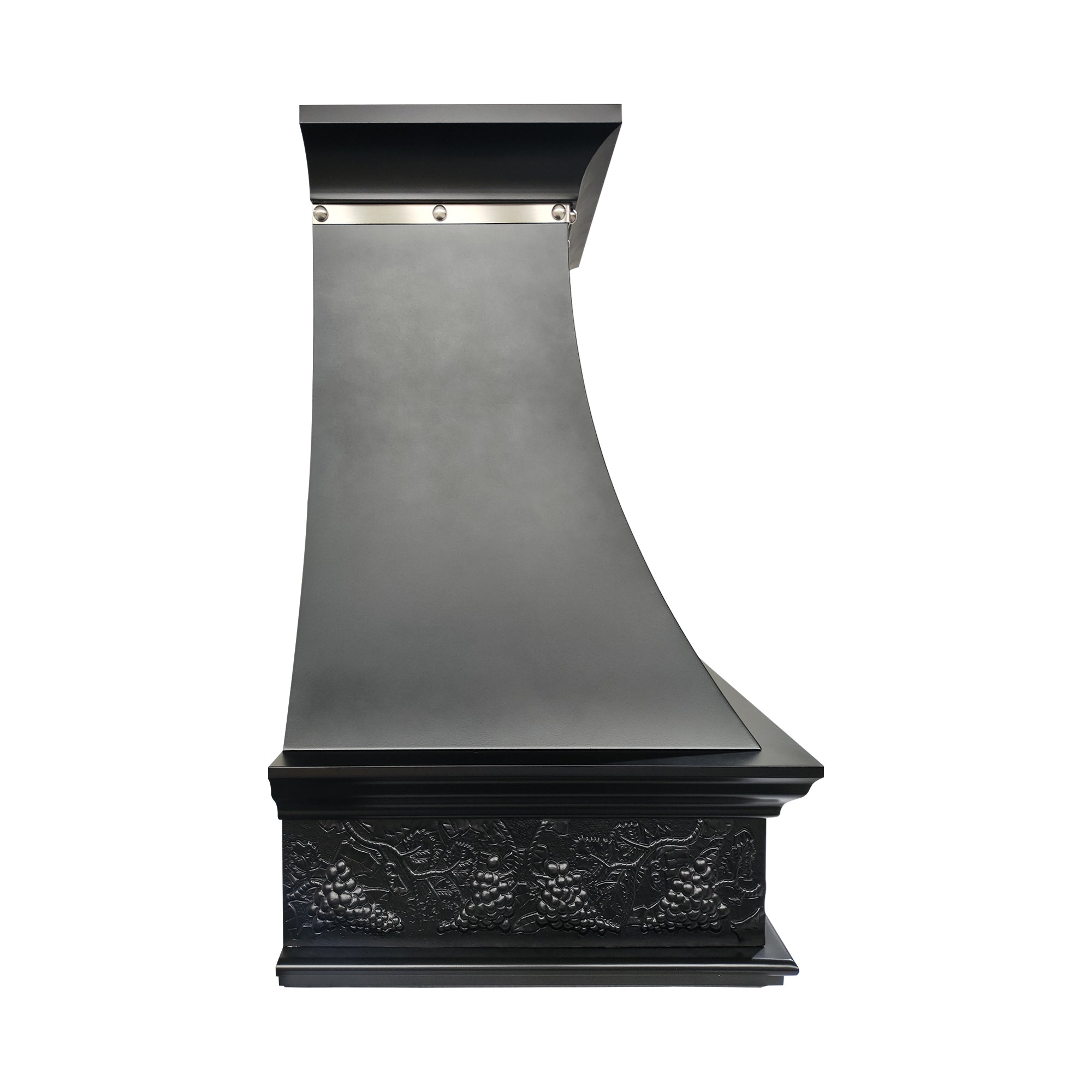 refine curved black stainless steel kitchen hood side view