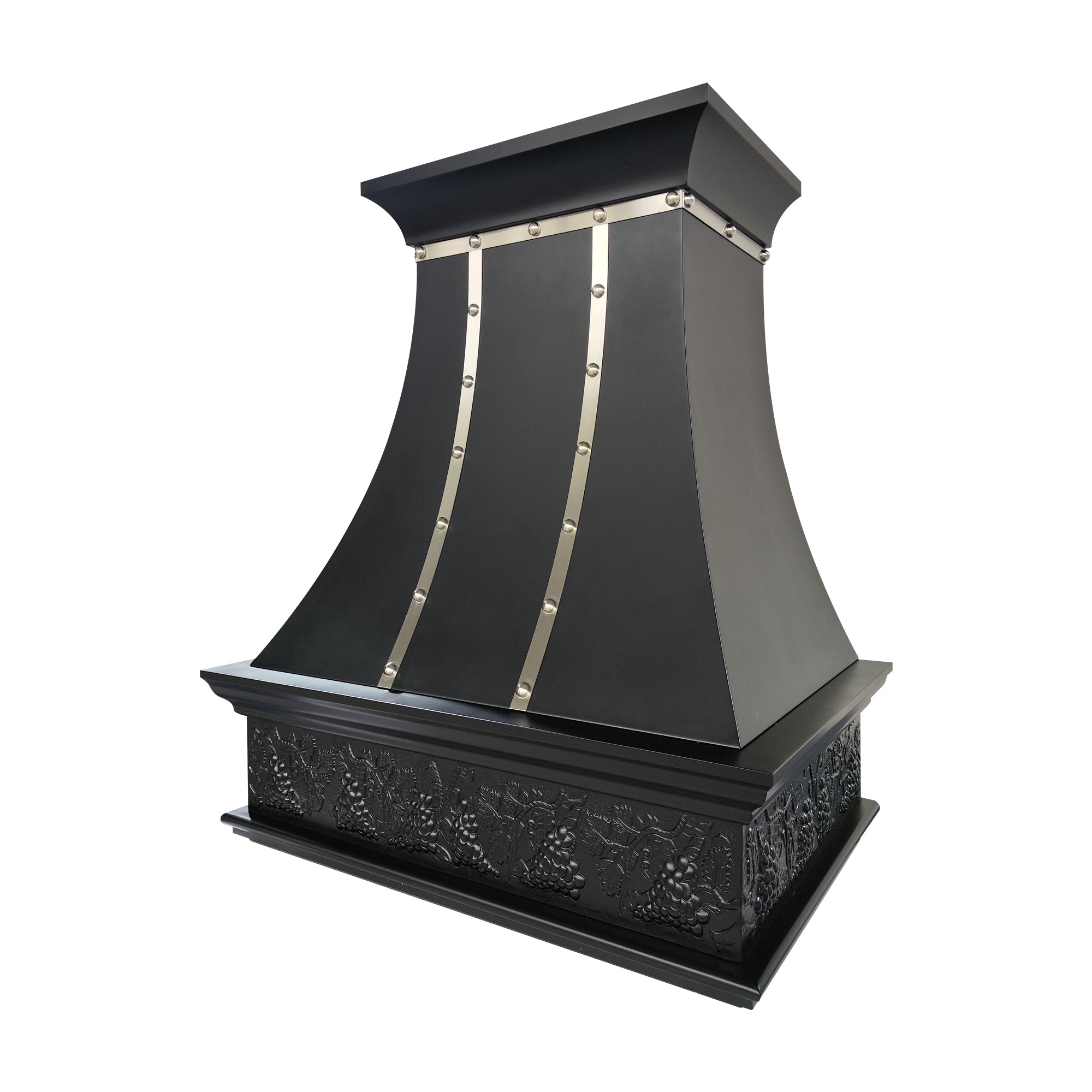 black stainless steel range hood with polished rivets and grape apron