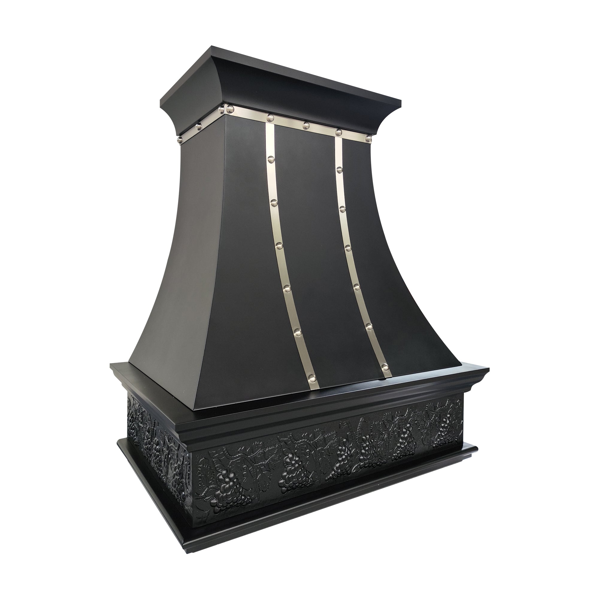 curved black stainless steel vent hood with grapes apron side view