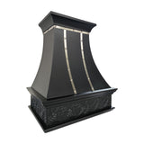 curved black stainless steel vent hood with grapes apron side view