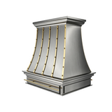 curved brushed stainless steel custom range hood with vertical solid brass trim & hand set brass rivets