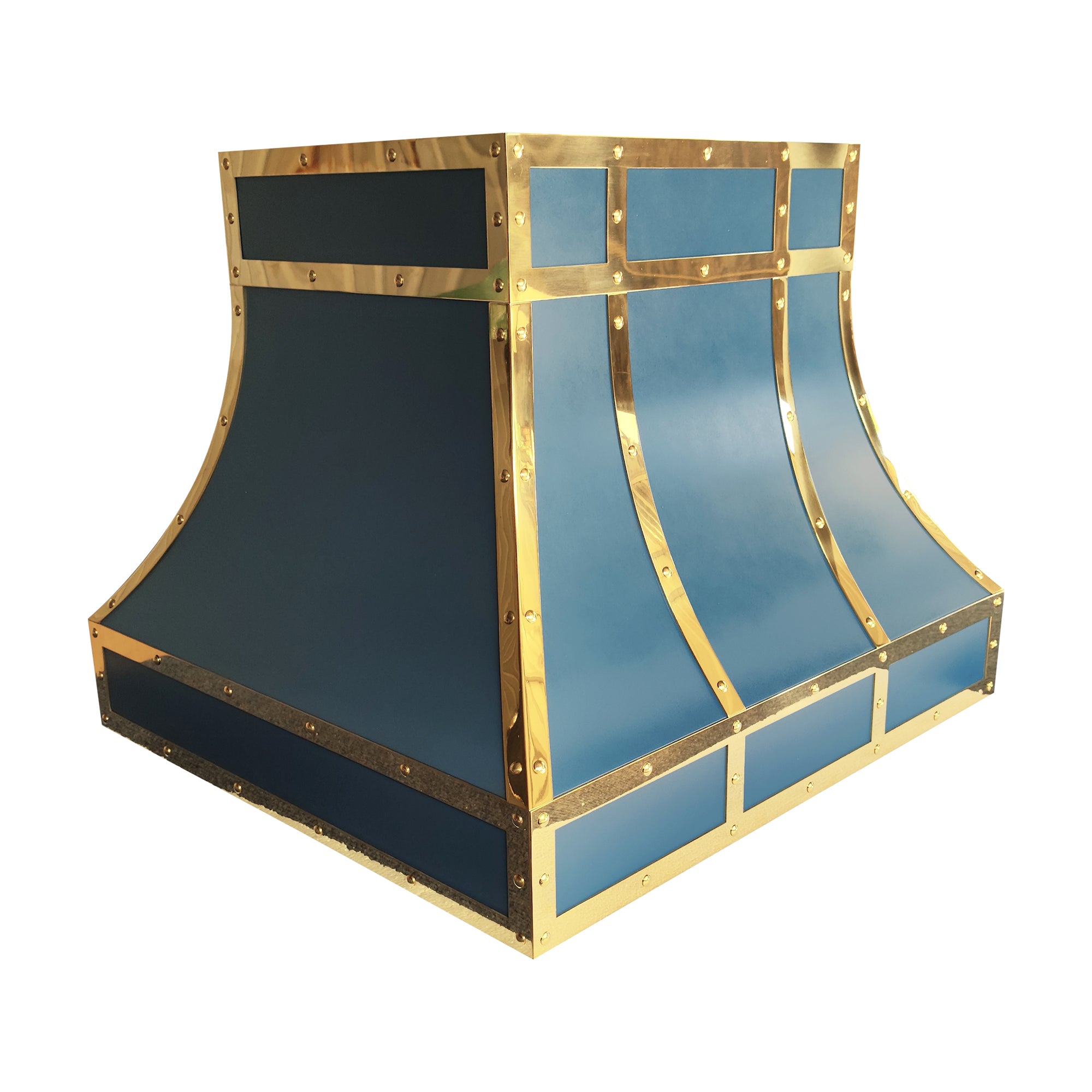 curved matte blue stainless steel kitchen hood framed with polished brass straps and decorative rivets for luxury farmhouse kitchen design