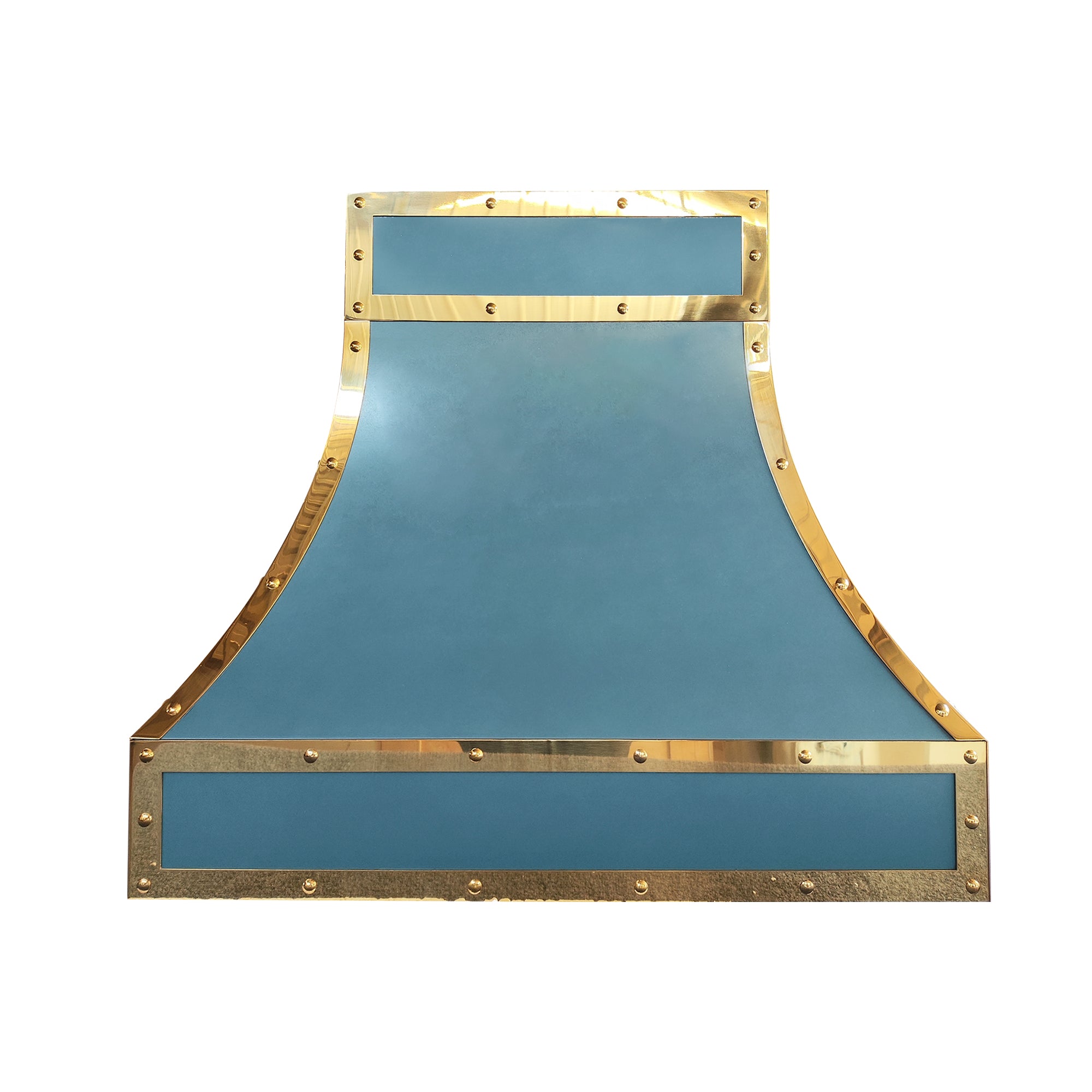 curved matte blue stainless steel island chimney range hood framed with polished brass straps and decorative rivets for luxury farmhouse kitchen design