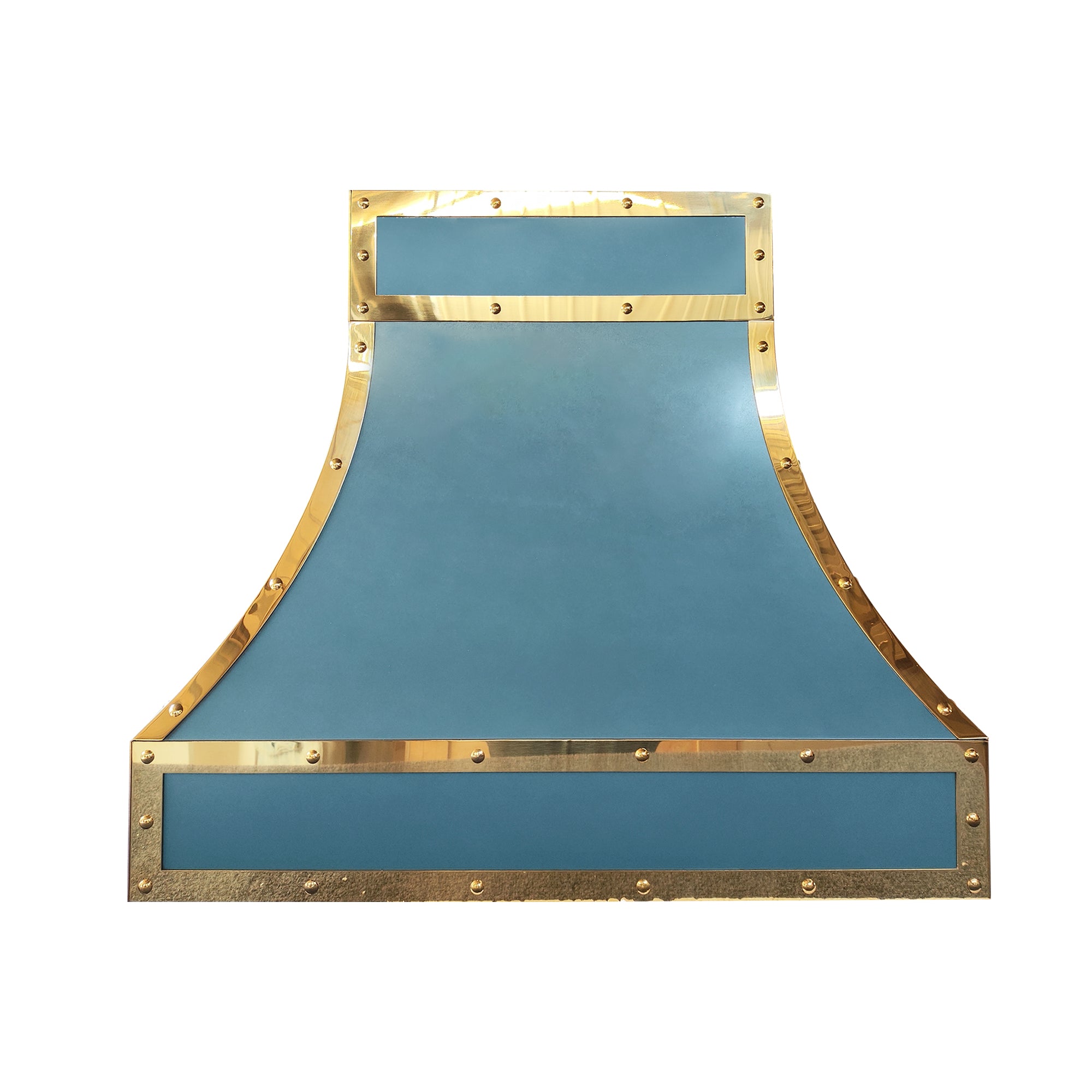 curved matte blue stainless steel island chimney range hood framed with polished brass straps and decorative rivets for luxury farmhouse kitchen design back view