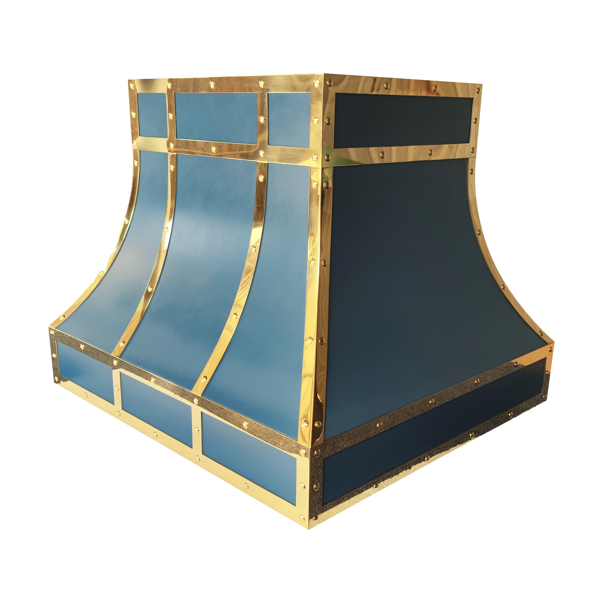 curved matte blue stainless steel island chimney range hood framed with polished brass straps and decorative rivets for luxury farmhouse kitchen design