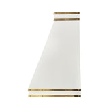 prime custom white painted stainless steel stove range hood with brass accents for transitional kitchens side view