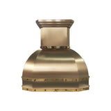 bell shaped design brass range hood with brushed finish body and polished straps and rivets front view