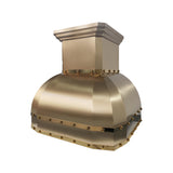 bell shaped design brass range hood with brushed finish body and polished straps and rivets slope view