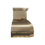 bell shaped design brass range hood with brushed finish body and polished straps and rivets side view
