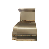 bell shaped design brass range hood with brushed finish body and polished straps and rivets side view