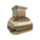 bell shaped design brass range hood with brushed finish body and polished straps and rivets slope view