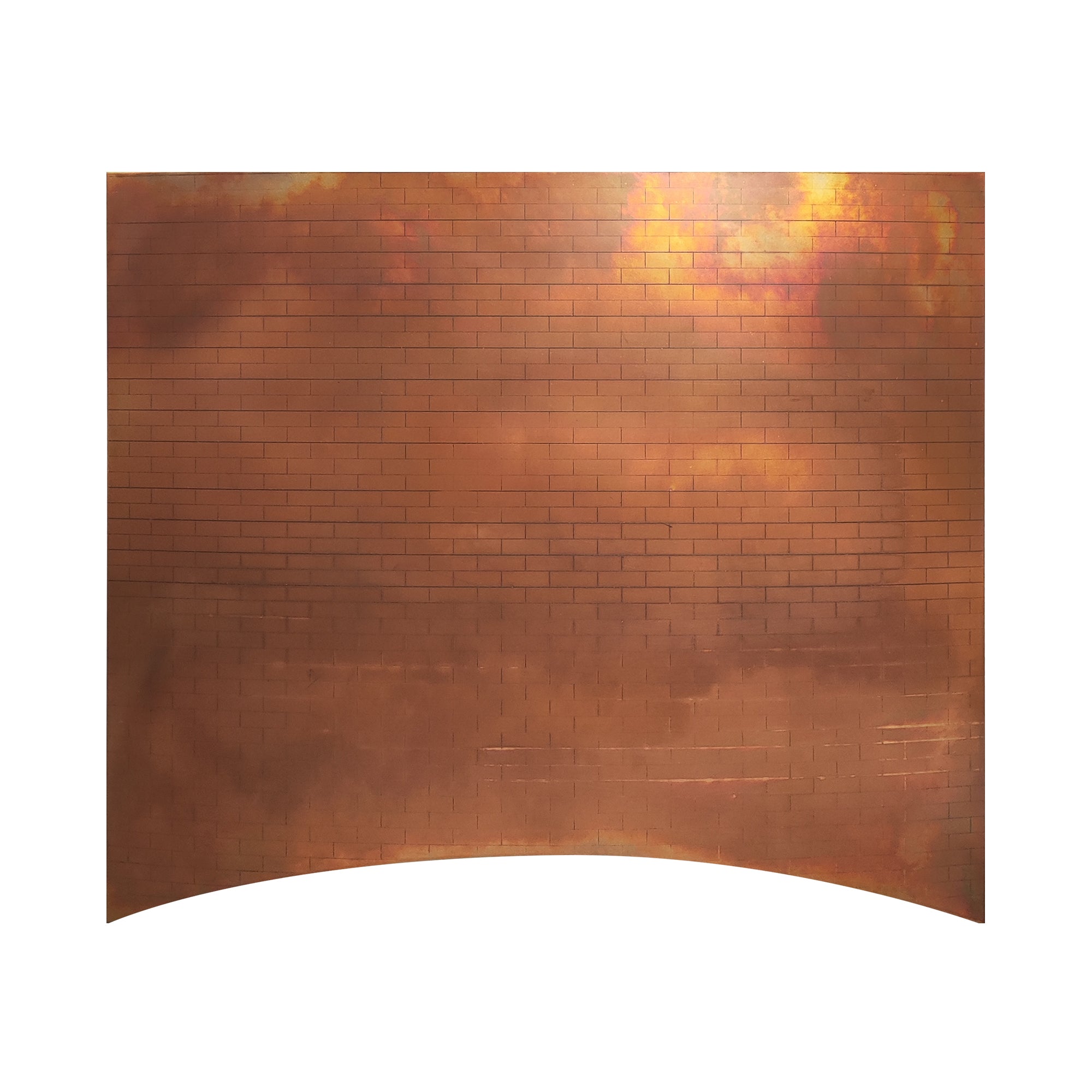 fire patina box shaped solid copper range hood with mini brick embossed texture, curved bottom custom copper vent hood front view