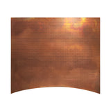 fire patina box shaped solid copper range hood with mini brick embossed texture, curved bottom custom copper vent hood front view