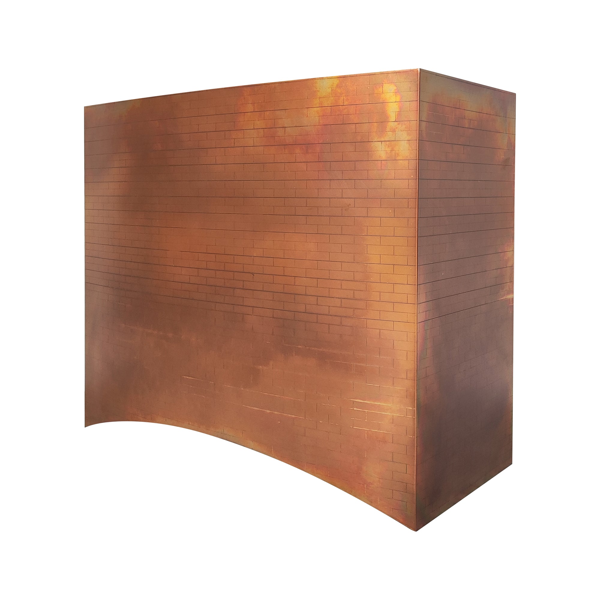 fire patina box shaped solid copper range hood with mini brick embossed texture, curved bottom custom copper vent hood