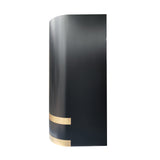 rounded box shaped matte black stainless steel wall chimney stove hood with symmetrical polished gold trim bands for luxury contemporary kitchen design