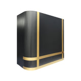 rounded box shaped matte black stainless steel wall chimney hood with symmetrical polished gold trim bands for luxury contemporary kitchen design
