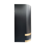 rounded box shaped matte black stainless steel wall chimney range hood with symmetrical polished gold trim bands for luxury contemporary kitchen design side view