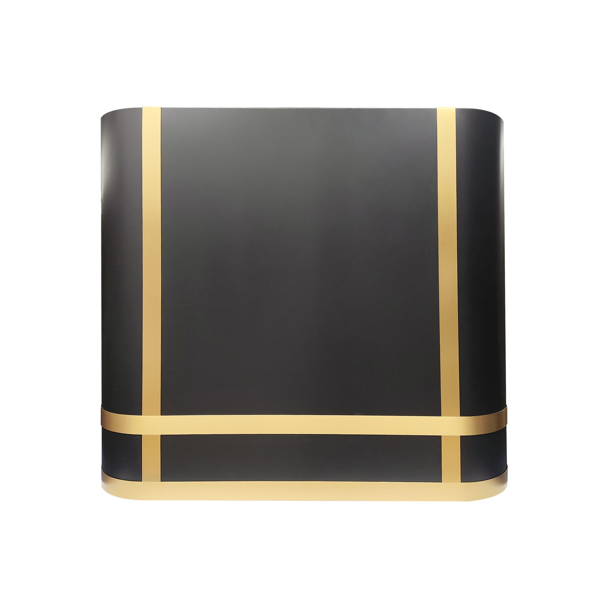 rounded box shaped matte black stainless steel wall chimney range hood with symmetrical polished gold trim bands for luxury contemporary kitchen design