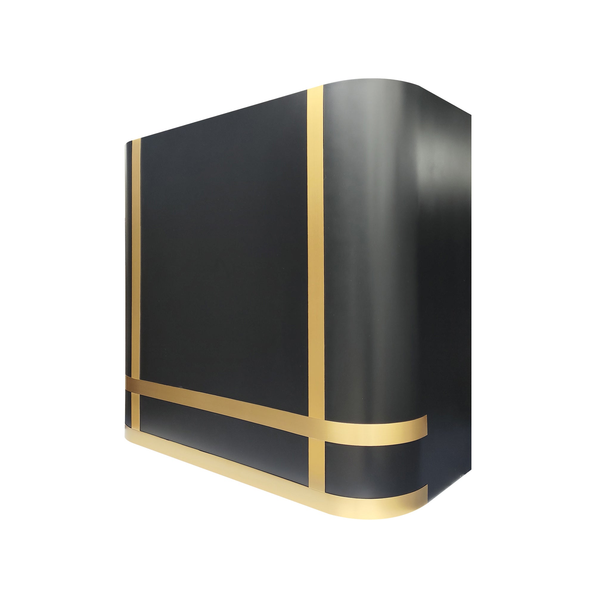rounded box shaped matte black stainless steel wall chimney stove hood with symmetrical polished gold trim bands for luxury contemporary kitchen design