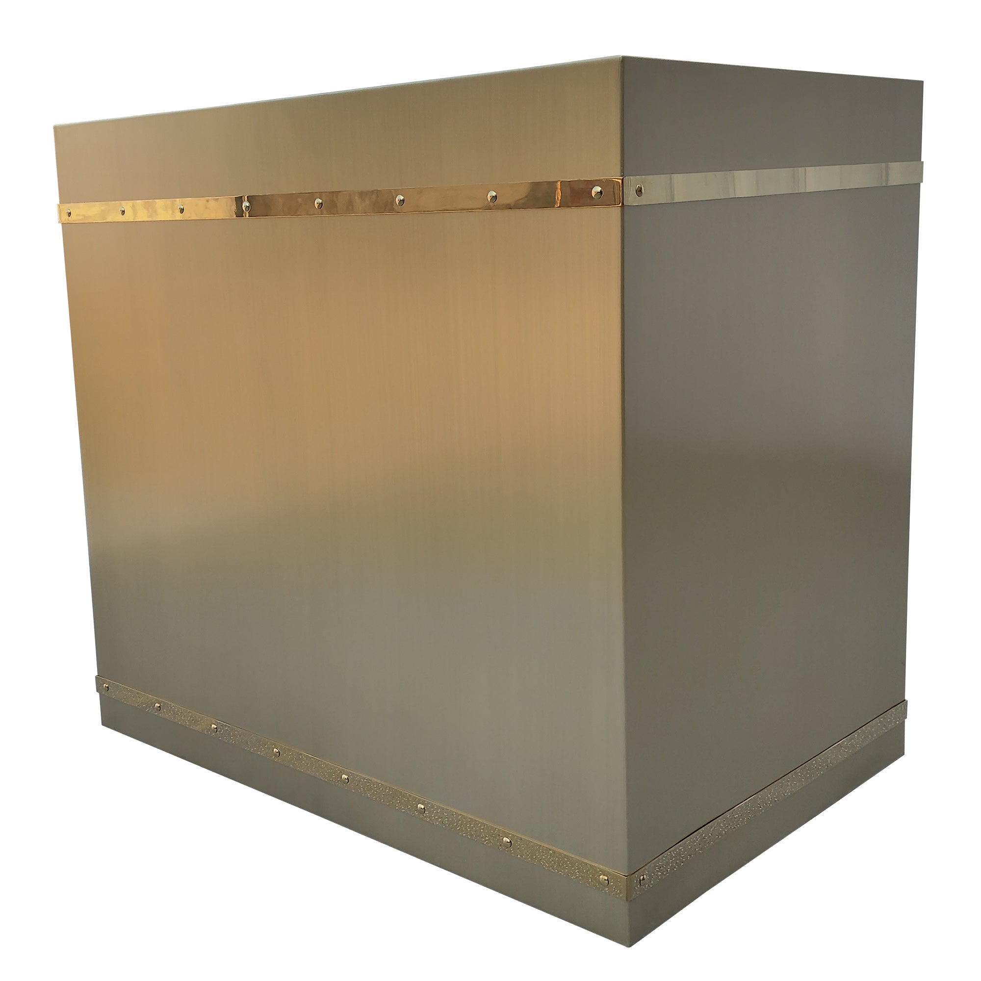 brass vent hood with polished straps and hand hammered rivets