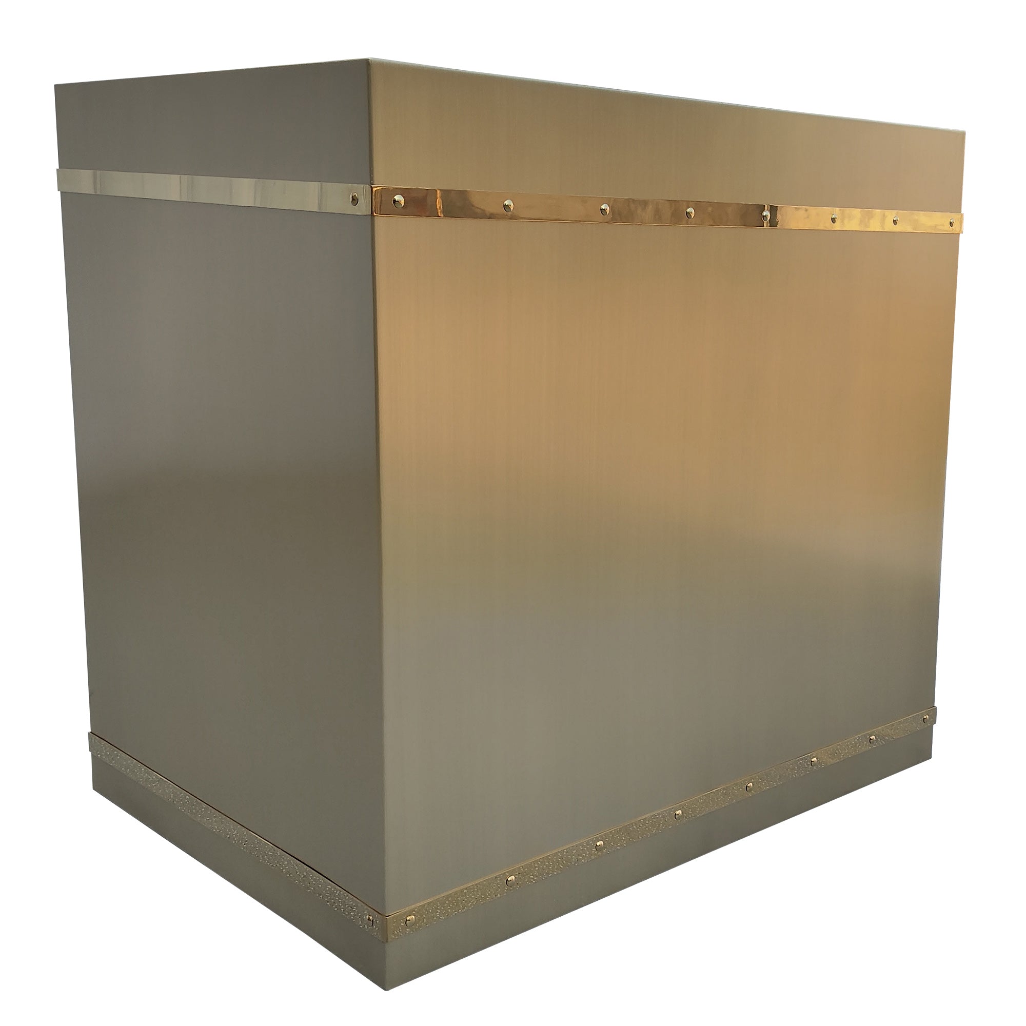 brass vent hood with polished straps and hand hammered rivets