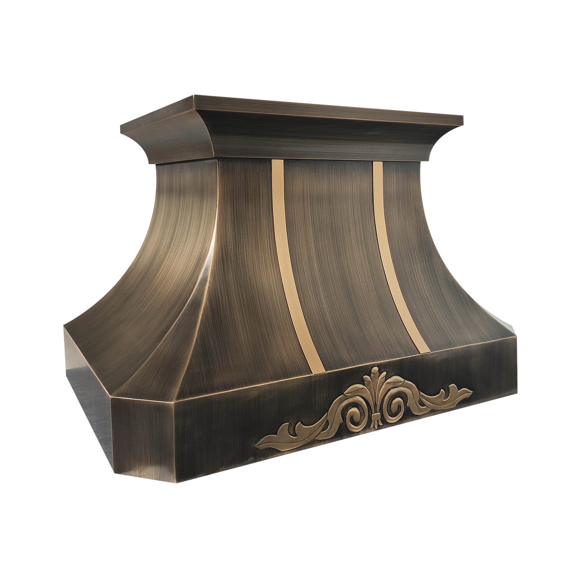 refined curved antique brass range hood with symmetrical polished brass vertical inlay strips and ornate embossed scroll floral detailing for vintage farmhouse luxury kitchen