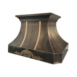 refined curved antique brass kitchen hood with symmetrical polished brass vertical inlay strips and ornate embossed scroll floral detailing for vintage farmhouse luxury kitchen