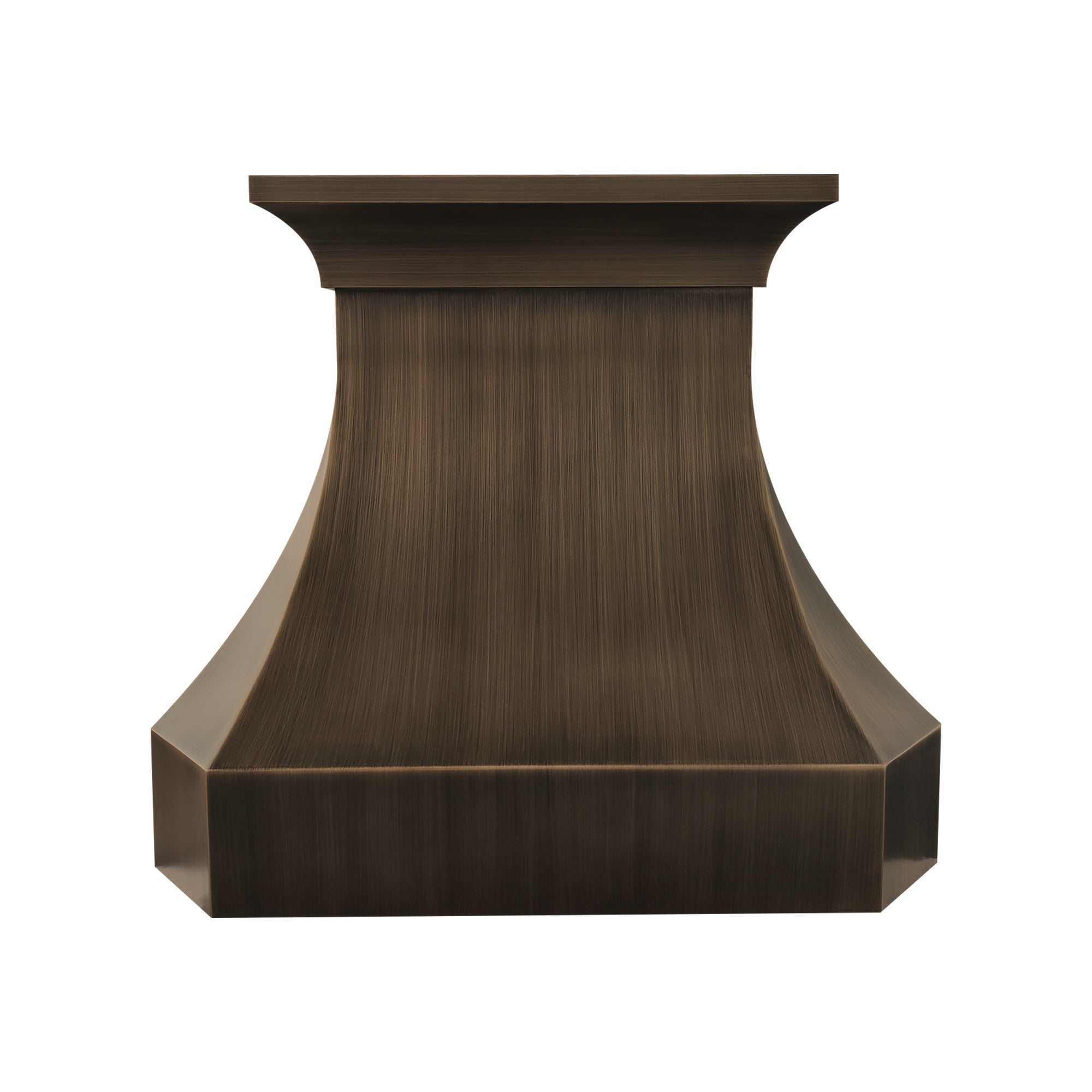 refined curved antique brass custom range hood with symmetrical polished brass vertical inlay strips and ornate embossed scroll floral detailing for vintage farmhouse luxury kitchen back view