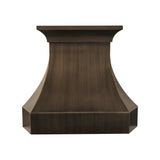 refined curved antique brass custom range hood with symmetrical polished brass vertical inlay strips and ornate embossed scroll floral detailing for vintage farmhouse luxury kitchen back view