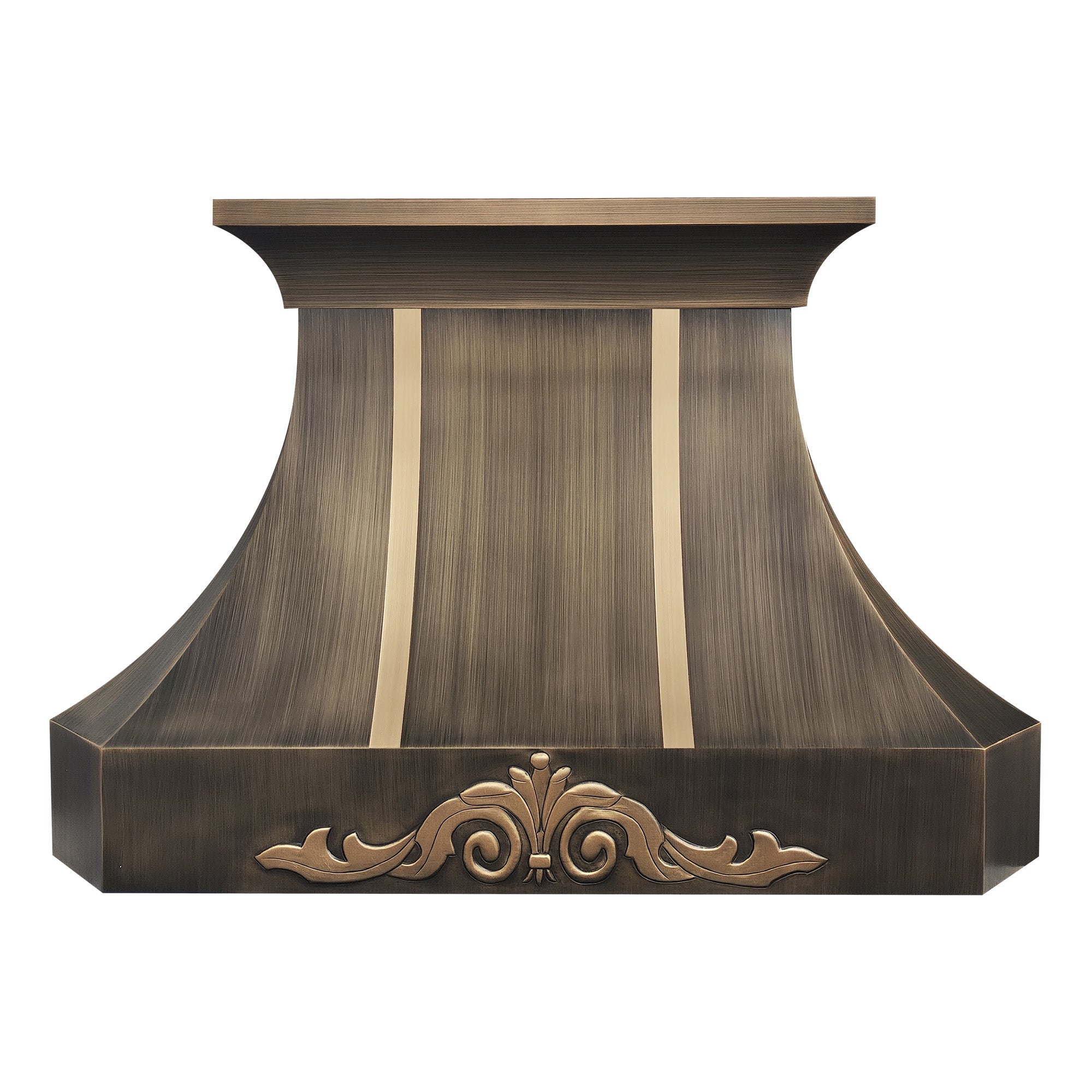 refined curved antique brass custom range hood with symmetrical polished brass vertical inlay strips and ornate embossed scroll floral detailing for vintage farmhouse luxury kitchen