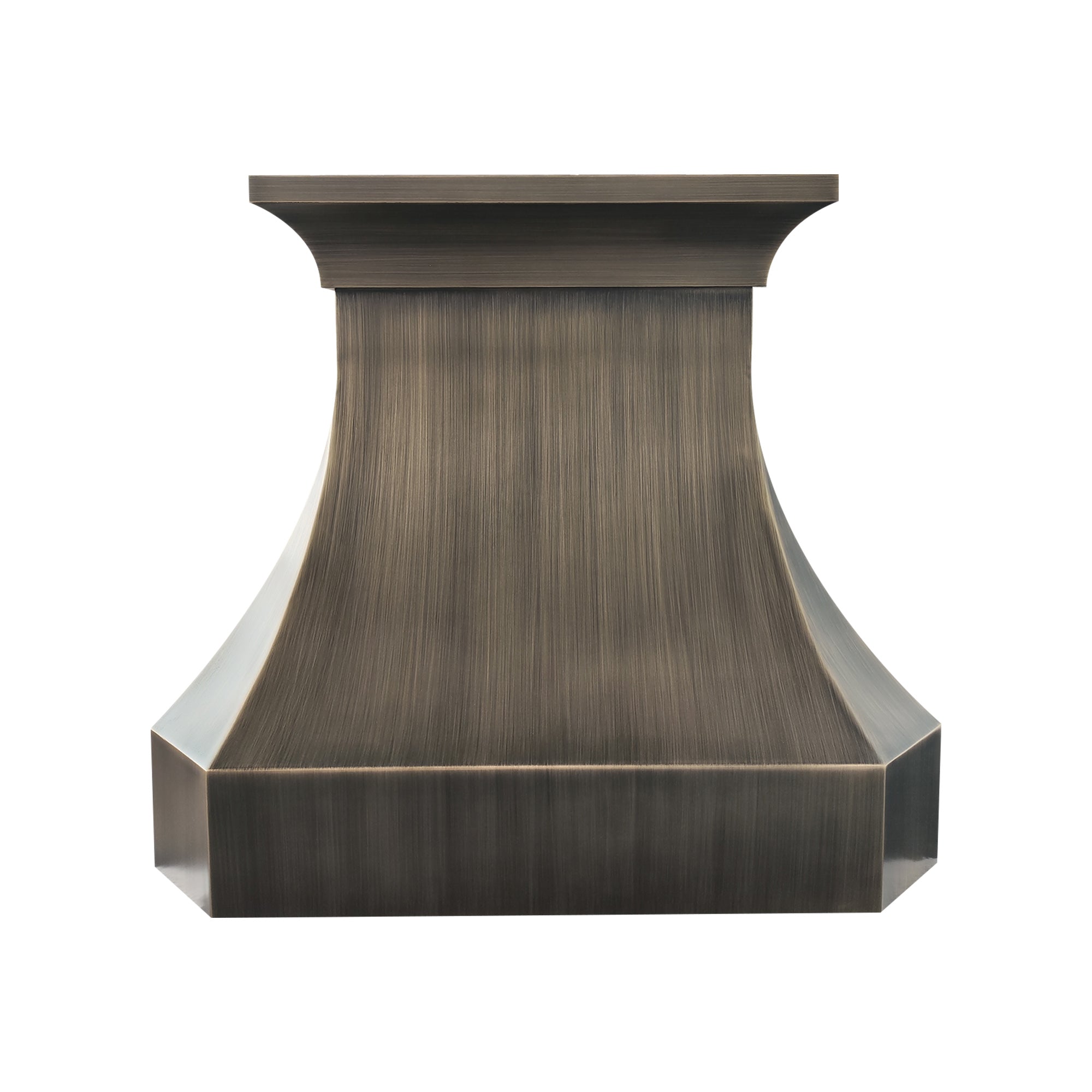 refined curved antique brass custom range hood with symmetrical polished brass vertical inlay strips and ornate embossed scroll floral detailing for vintage farmhouse luxury kitchen back view
